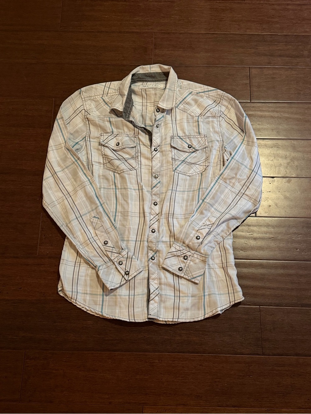 BKE Men's Beige and Gray Plaid Button-Down Shirt